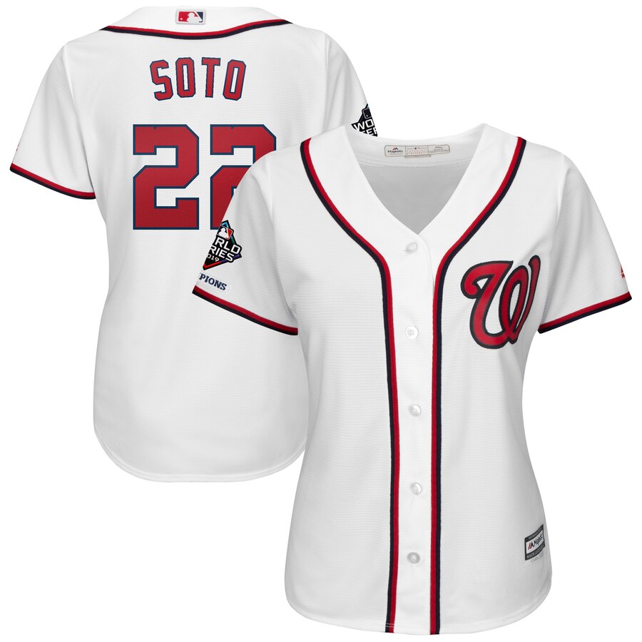 Washington Nationals #22 Juan Soto Majestic Women's 2019 World Series Champions Home Official Cool Base Bar Patch Player Jersey White