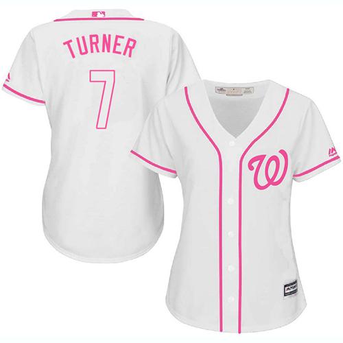 Nationals #7 Trea Turner White/Pink Fashion Women's Stitched MLB Jersey