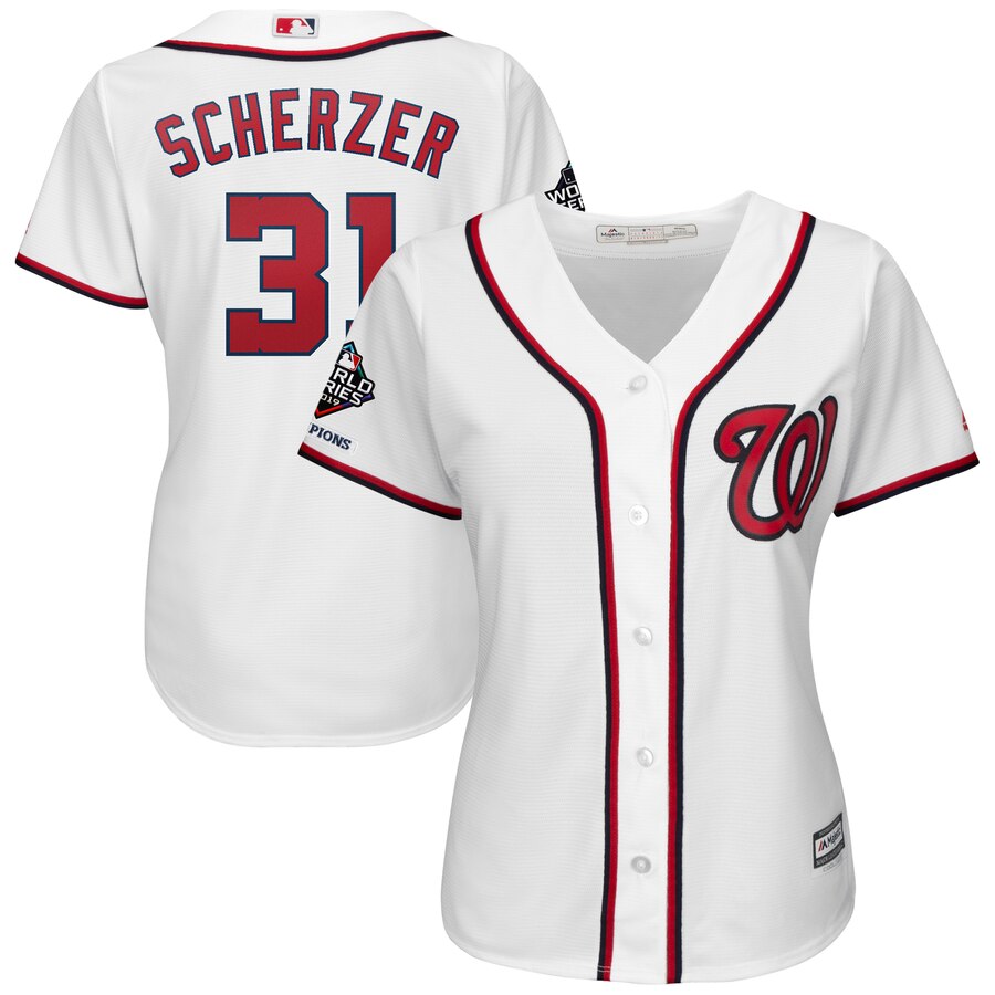 Washington Nationals #31 Max Scherzer Majestic Women's 2019 World Series Champions Home Official Cool Base Bar Patch Player Jersey White