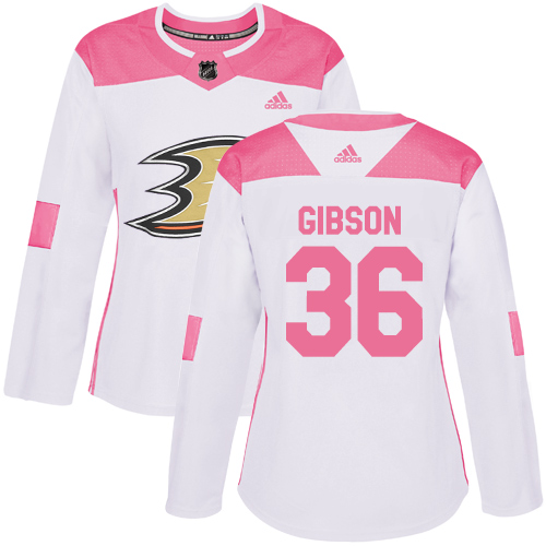 Adidas Ducks #36 John Gibson White/Pink Authentic Fashion Women's Stitched NHL Jersey