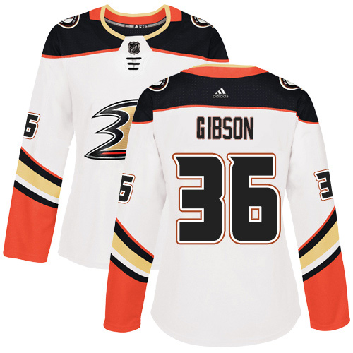 Adidas Ducks #36 John Gibson White Road Authentic Women's Stitched NHL Jersey