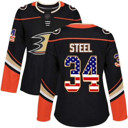 Adidas Ducks #34 Sam Steel Black Home Authentic USA Flag Women's Stitched NHL Jersey
