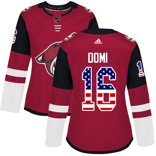 Adidas Coyotes #16 Max Domi Maroon Home Authentic USA Flag Women's Stitched NHL Jersey