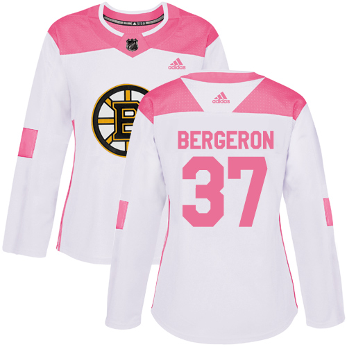 Adidas Bruins #37 Patrice Bergeron White/Pink Authentic Fashion Women's Stitched NHL Jersey