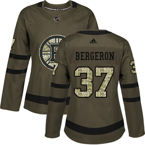 Adidas Bruins #37 Patrice Bergeron Green Salute to Service Women's Stitched NHL Jersey