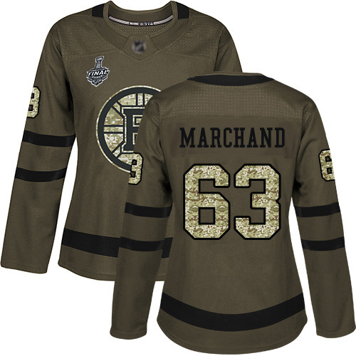 Adidas Bruins #63 Brad Marchand Green Salute to Service Stanley Cup Final Bound Women's Stitched NHL Jersey