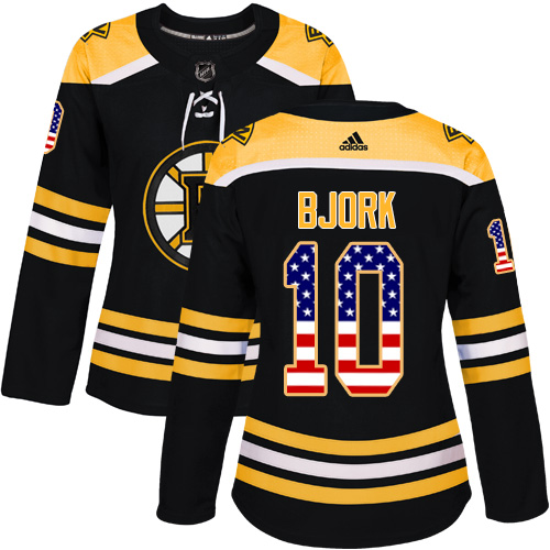 Adidas Bruins #10 Anders Bjork Black Home Authentic USA Flag Women's Stitched NHL Jersey