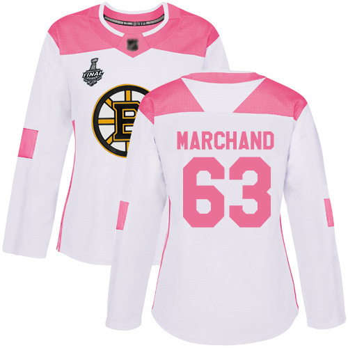 Adidas Bruins #63 Brad Marchand White/Pink Authentic Fashion Stanley Cup Final Bound Women's Stitched NHL Jersey