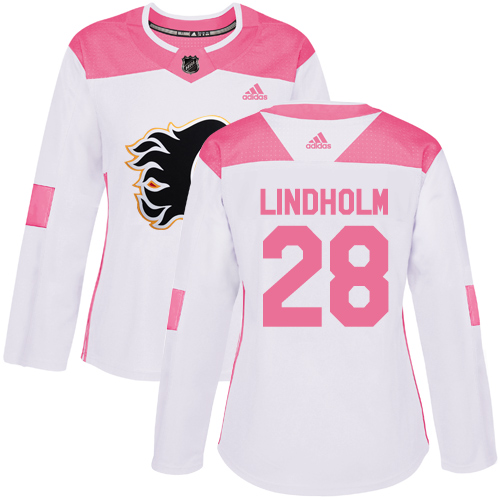 Adidas Flames #28 Elias Lindholm White/Pink Authentic Fashion Women's Stitched NHL Jersey