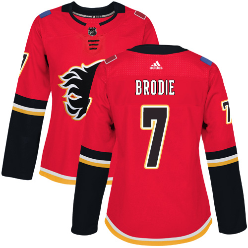 Adidas Flames #7 TJ Brodie Red Home Authentic Women's Stitched NHL Jersey