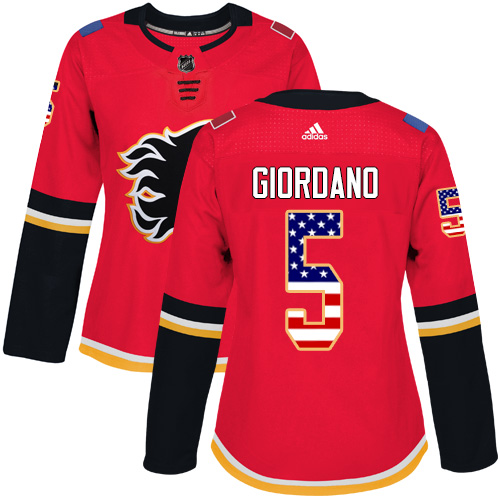 Adidas Flames #5 Mark Giordano Red Home Authentic USA Flag Women's Stitched NHL Jersey