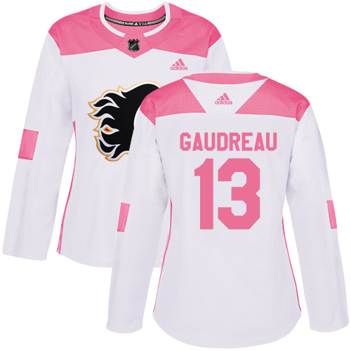 Adidas Flames #13 Johnny Gaudreau White/Pink Authentic Fashion Women's Stitched NHL Jersey