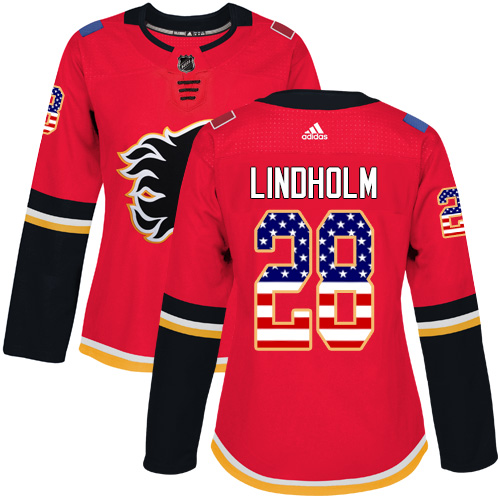 Adidas Flames #28 Elias Lindholm Red Home Authentic USA Flag Women's Stitched NHL Jersey