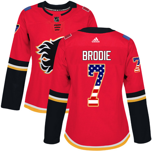 Adidas Flames #7 TJ Brodie Red Home Authentic USA Flag Women's Stitched NHL Jersey