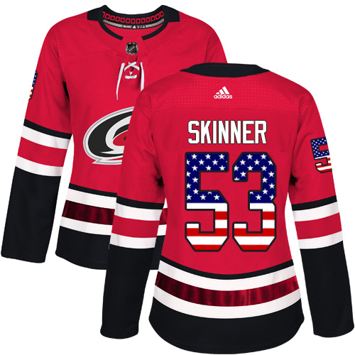 Adidas Hurricanes #53 Jeff Skinner Red Home Authentic USA Flag Women's Stitched NHL Jersey