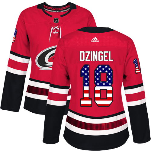 Adidas Hurricanes #18 Ryan Dzingel Red Home Authentic USA Flag Women's Stitched NHL Jersey