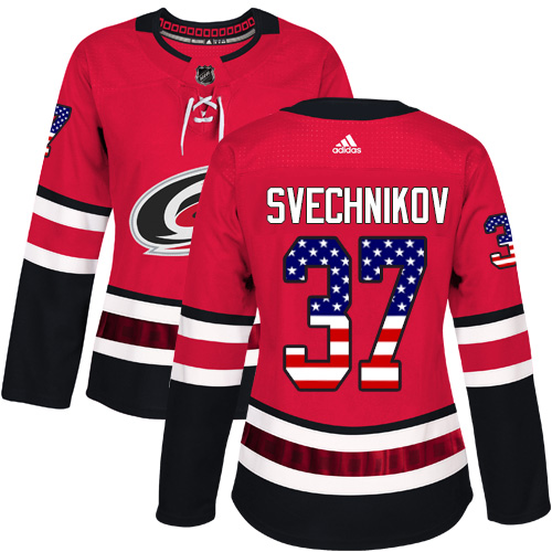 Adidas Hurricanes #37 Andrei Svechnikov Red Home Authentic USA Flag Women's Stitched NHL Jersey