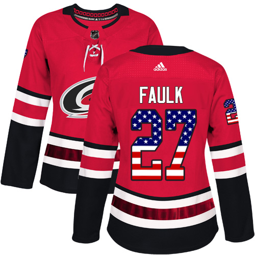 Adidas Hurricanes #27 Justin Faulk Red Home Authentic USA Flag Women's Stitched NHL Jersey