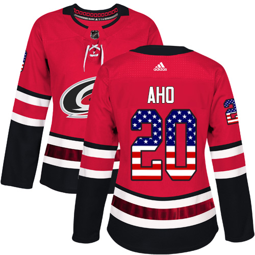 Adidas Hurricanes #20 Sebastian Aho Red Home Authentic USA Flag Women's Stitched NHL Jersey