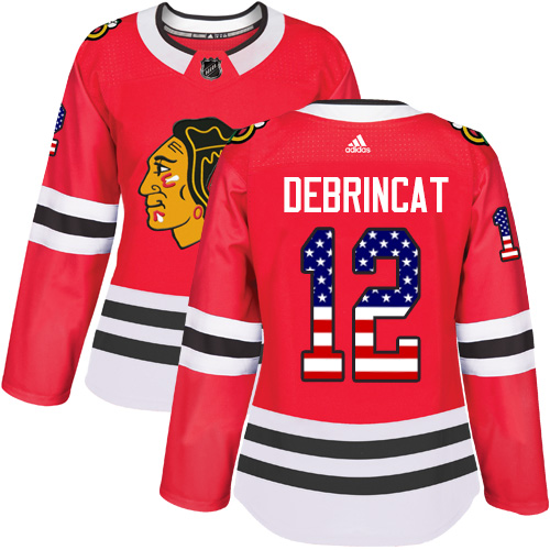Adidas Blackhawks #12 Alex DeBrincat Red Home Authentic USA Flag Women's Stitched NHL Jersey
