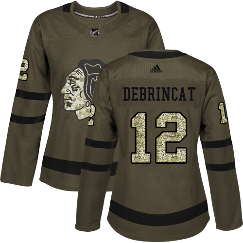 Adidas Blackhawks #12 Alex DeBrincat Green Salute to Service Women's Stitched NHL Jersey