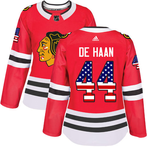 Adidas Blackhawks #44 Calvin De Haan Red Home Authentic USA Flag Women's Stitched NHL Jersey