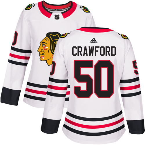 Adidas Blackhawks #50 Corey Crawford White Road Authentic Women's Stitched NHL Jersey