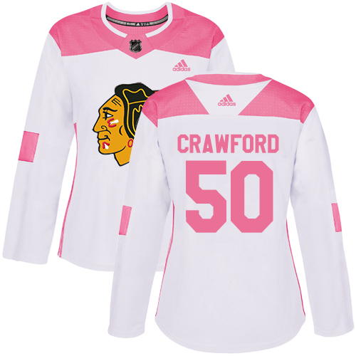 Adidas Blackhawks #50 Corey Crawford White/Pink Authentic Fashion Women's Stitched NHL Jersey
