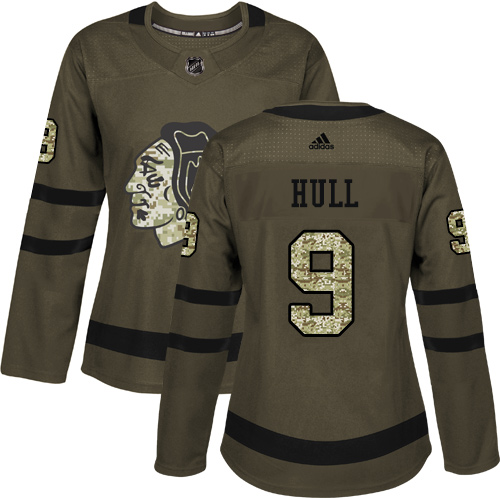 Adidas Blackhawks #9 Bobby Hull Green Salute to Service Women's Stitched NHL Jersey