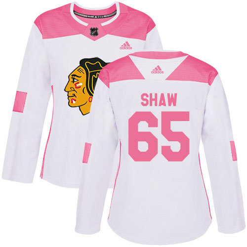 Adidas Blackhawks #65 Andrew Shaw White/Pink Authentic Fashion Women's Stitched NHL Jersey