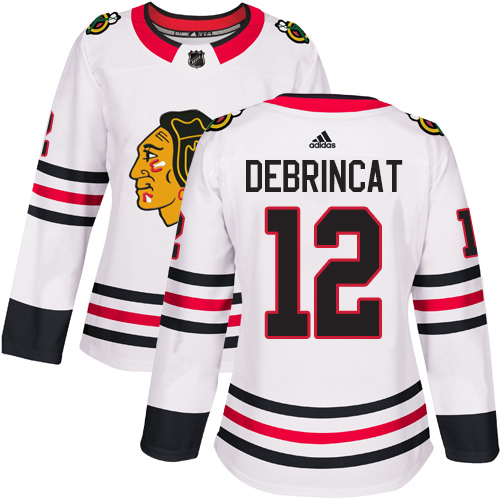 Adidas Blackhawks #12 Alex DeBrincat White Road Authentic Women's Stitched NHL Jersey