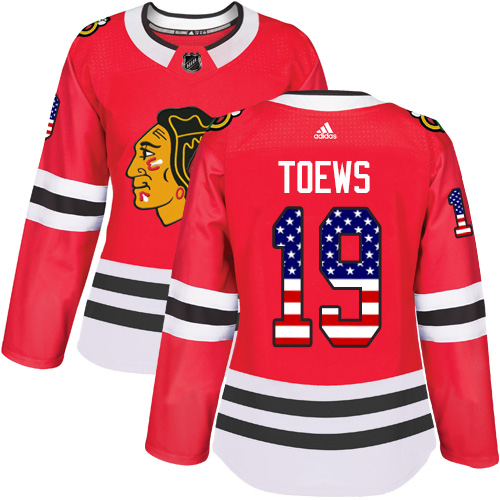 Adidas Blackhawks #19 Jonathan Toews Red Home Authentic USA Flag Women's Stitched NHL Jersey