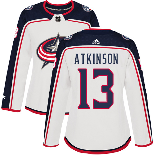 Adidas Blue Jackets #13 Cam Atkinson White Road Authentic Women's Stitched NHL Jersey