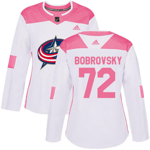 Adidas Blue Jackets #72 Sergei Bobrovsky White/Pink Authentic Fashion Women's Stitched NHL Jersey