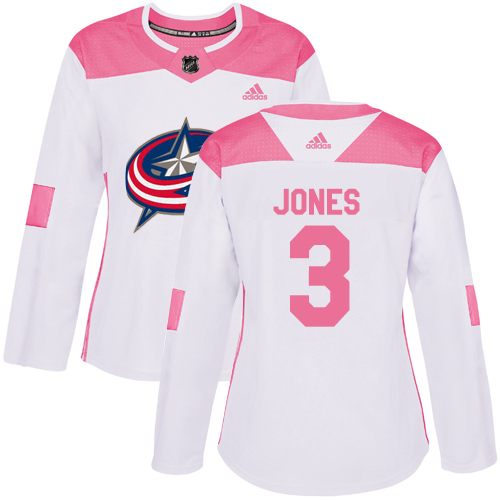 Adidas Blue Jackets #3 Seth Jones White/Pink Authentic Fashion Women's Stitched NHL Jersey