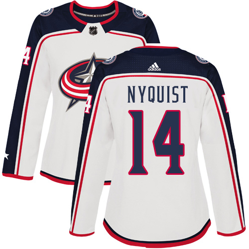 Adidas Blue Jackets #14 Gustav Nyquist White Road Authentic Women's Stitched NHL Jersey