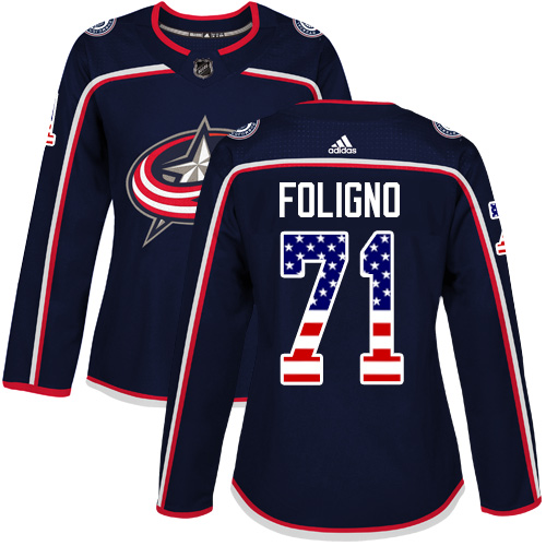 Adidas Blue Jackets #71 Nick Foligno Navy Blue Home Authentic USA Flag Women's Stitched NHL Jersey