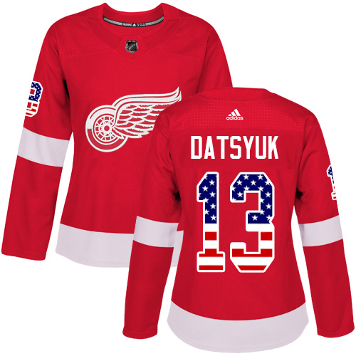 Adidas Red Wings #13 Pavel Datsyuk Red Home Authentic USA Flag Women's Stitched NHL Jersey