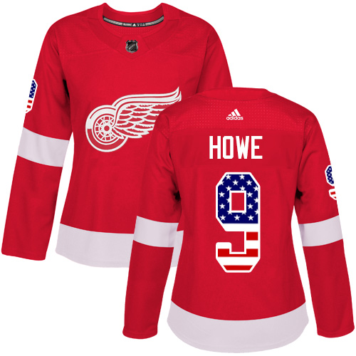 Adidas Red Wings #9 Gordie Howe Red Home Authentic USA Flag Women's Stitched NHL Jersey