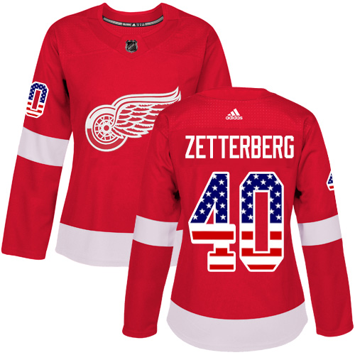Adidas Red Wings #40 Henrik Zetterberg Red Home Authentic USA Flag Women's Stitched NHL Jersey