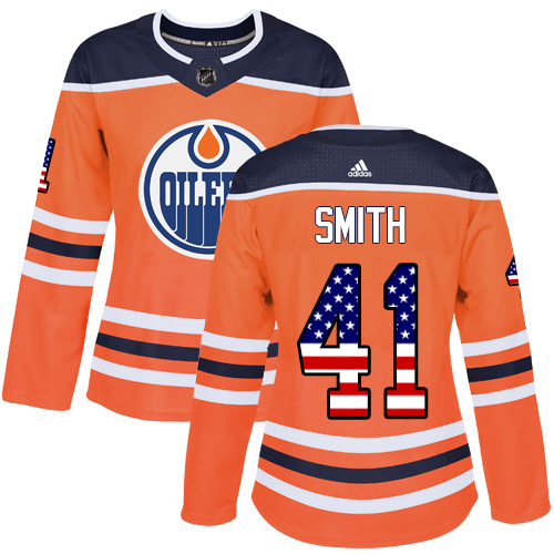 Adidas Oilers #41 Mike Smith Orange Home Authentic USA Flag Women's Stitched NHL Jersey