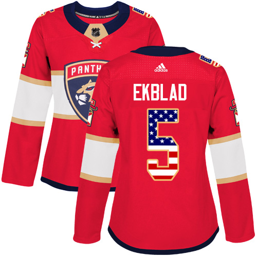 Adidas Panthers #5 Aaron Ekblad Red Home Authentic USA Flag Women's Stitched NHL Jersey