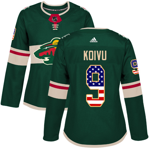 Adidas Wild #9 Mikko Koivu Green Home Authentic USA Flag Women's Stitched NHL Jersey