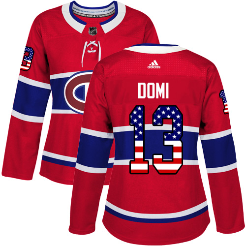 Adidas Canadiens #13 Max Domi Red Home Authentic USA Flag Women's Stitched NHL Jersey