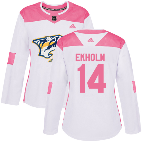 Adidas Predators #14 Mattias Ekholm White/Pink Authentic Fashion Women's Stitched NHL Jersey