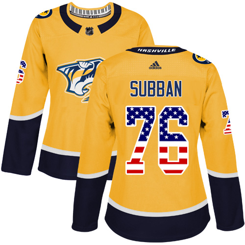 Adidas Predators #76 P.K Subban Yellow Home Authentic USA Flag Women's Stitched NHL Jersey