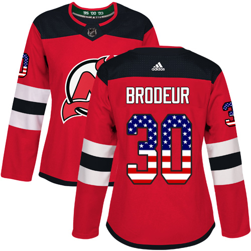 Adidas Devils #30 Martin Brodeur Red Home Authentic USA Flag Women's Stitched NHL Jersey