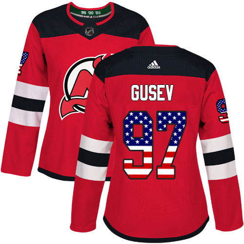 Adidas Devils #97 Nikita Gusev Red Home Authentic USA Flag Women's Stitched NHL Jersey