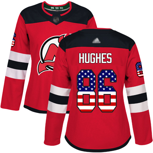 Adidas Devils #86 Jack Hughes Red Home Authentic USA Flag Women's Stitched NHL Jersey