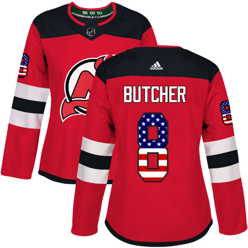 Adidas Devils #8 Will Butcher Red Home Authentic USA Flag Women's Stitched NHL Jersey